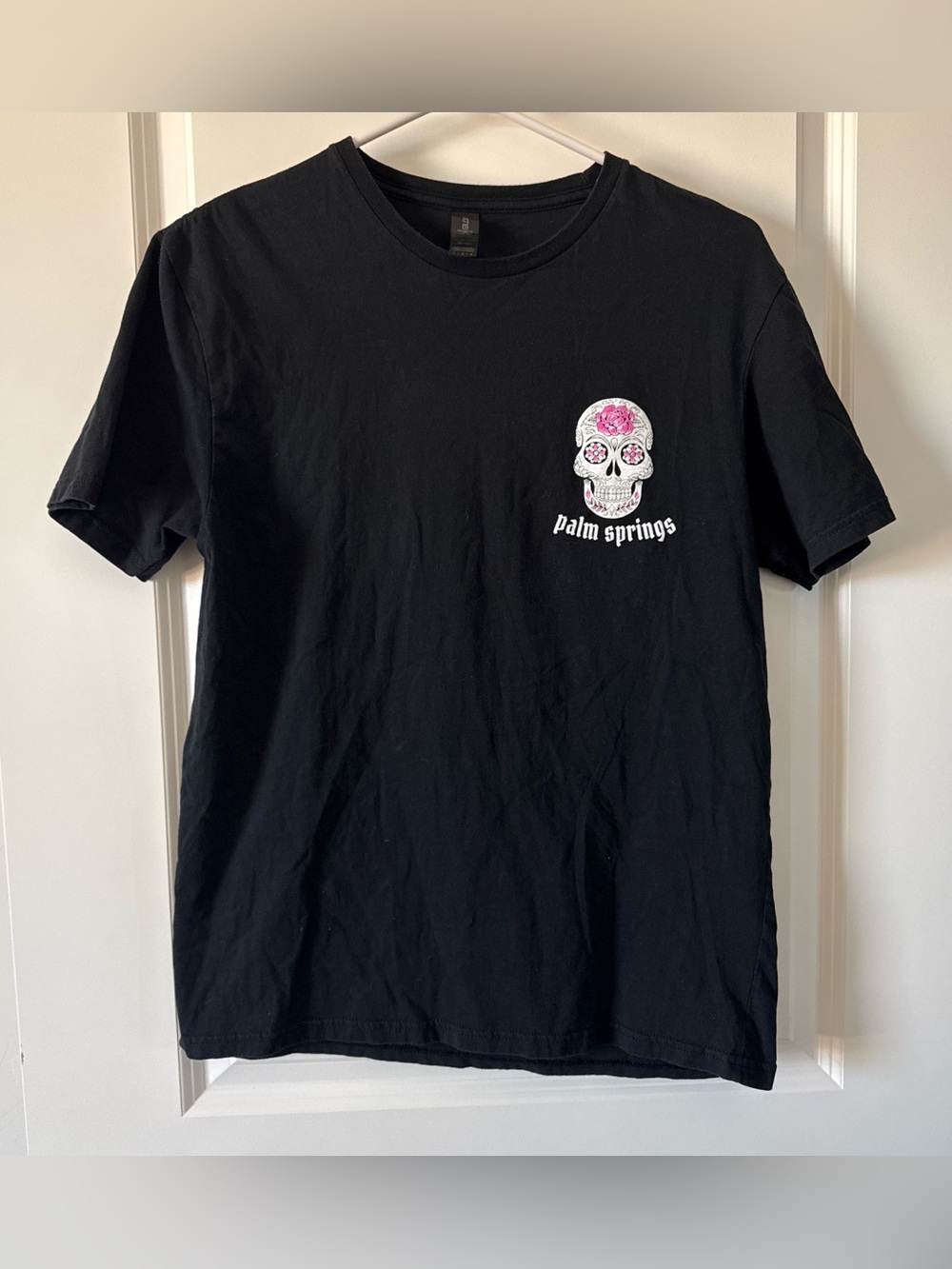 Gildan Black Tee with Pink-Accented Skull Graphic